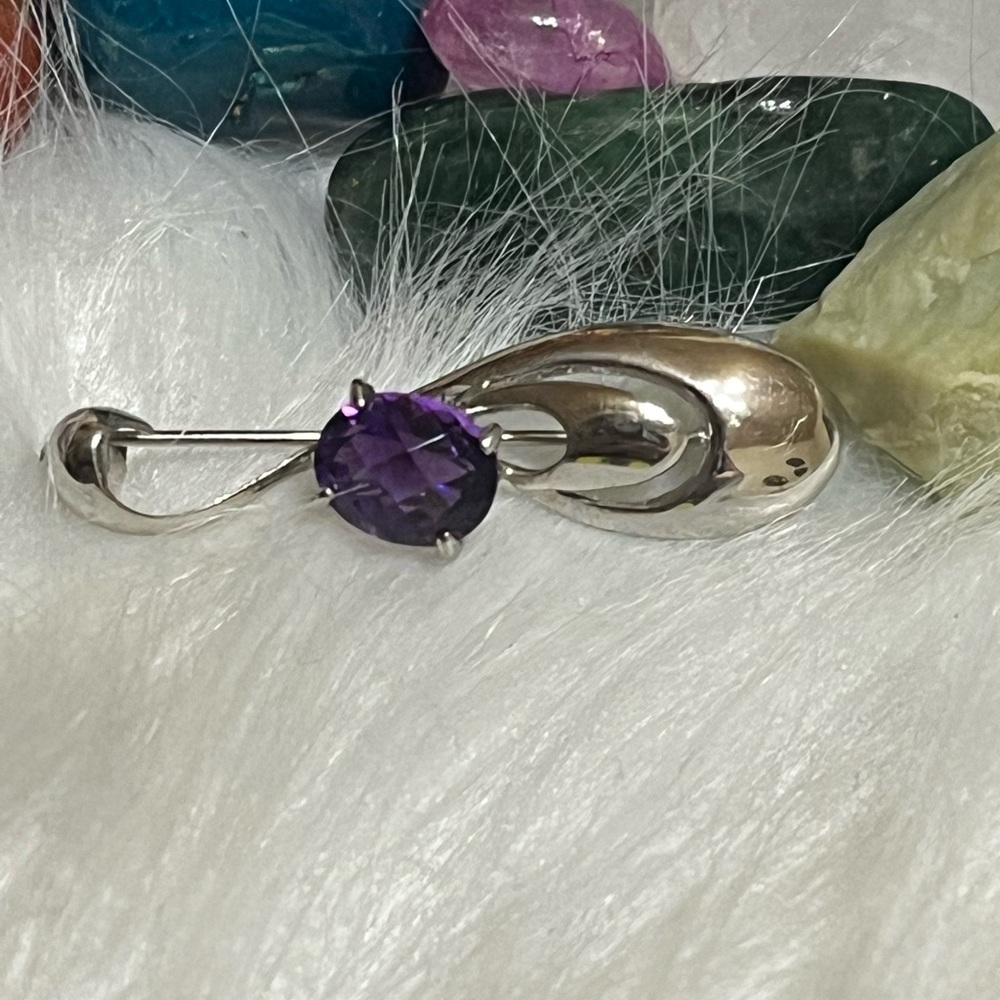 Marked SILVER Vintage Amethyst Brooch
